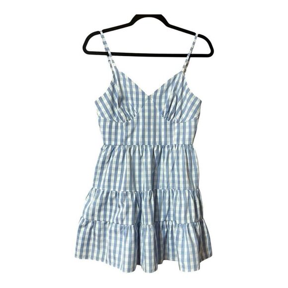 Lulus Women's Size Small Picnic Party Light Blue Gingham Tiered Skater Dress - Picture 1 of 4